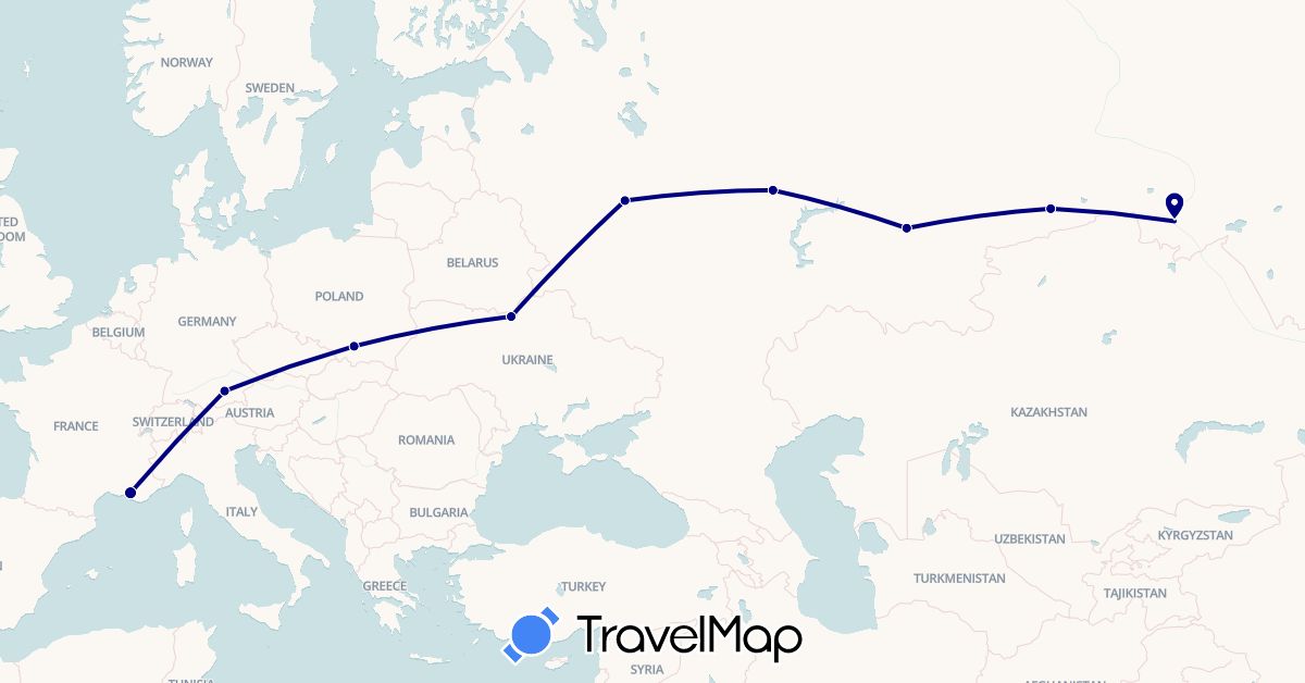 TravelMap itinerary: driving in Germany, France, Poland, Russia, Ukraine (Europe)